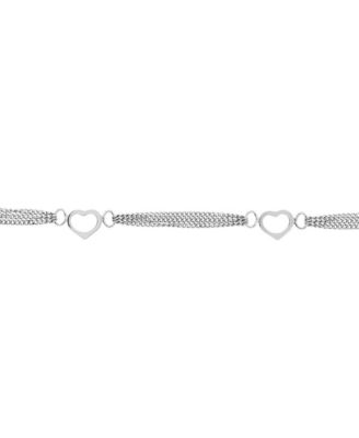 925 Sterling 10 Inch Rhodium Plated Open Love Heart 4 Station 3 Row Anklet Anklet