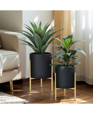 2-Piece Diamond Pattern Round Metal Cachepot Planter Set