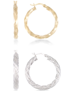 image of 2-Pc. Set Rope and Satin Finish Round Hoop Earrings in 14k Yellow and White Gold Plated Sterling Silver