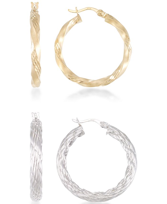 Macy's - 2-Pc. Set Rope and Satin Finish Round Hoop Earrings in 14k Yellow and White Vermeil