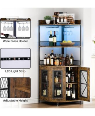  Corner Bar Cabinet with LED Strip 5-Tiers Industrial Bar Cabinet with Power Outlet & Glass Holder Wine Cabinet for Home Bar Display Cabinet