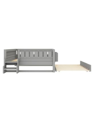 Full bed with bookshelves, staircase, safety rails, trundle