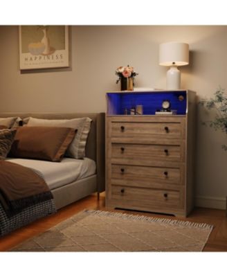 Tall Dresser for Bedroom with LED Lights & Charging Station, 4 Drawer Wood Chest of Drawers for Closet, Living Room, Hallway, Entryway