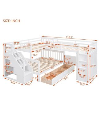 Streamdale Twin L-Shaped Bunk Bed w/ Desk, Wardrobe & 3 Drawers, White
