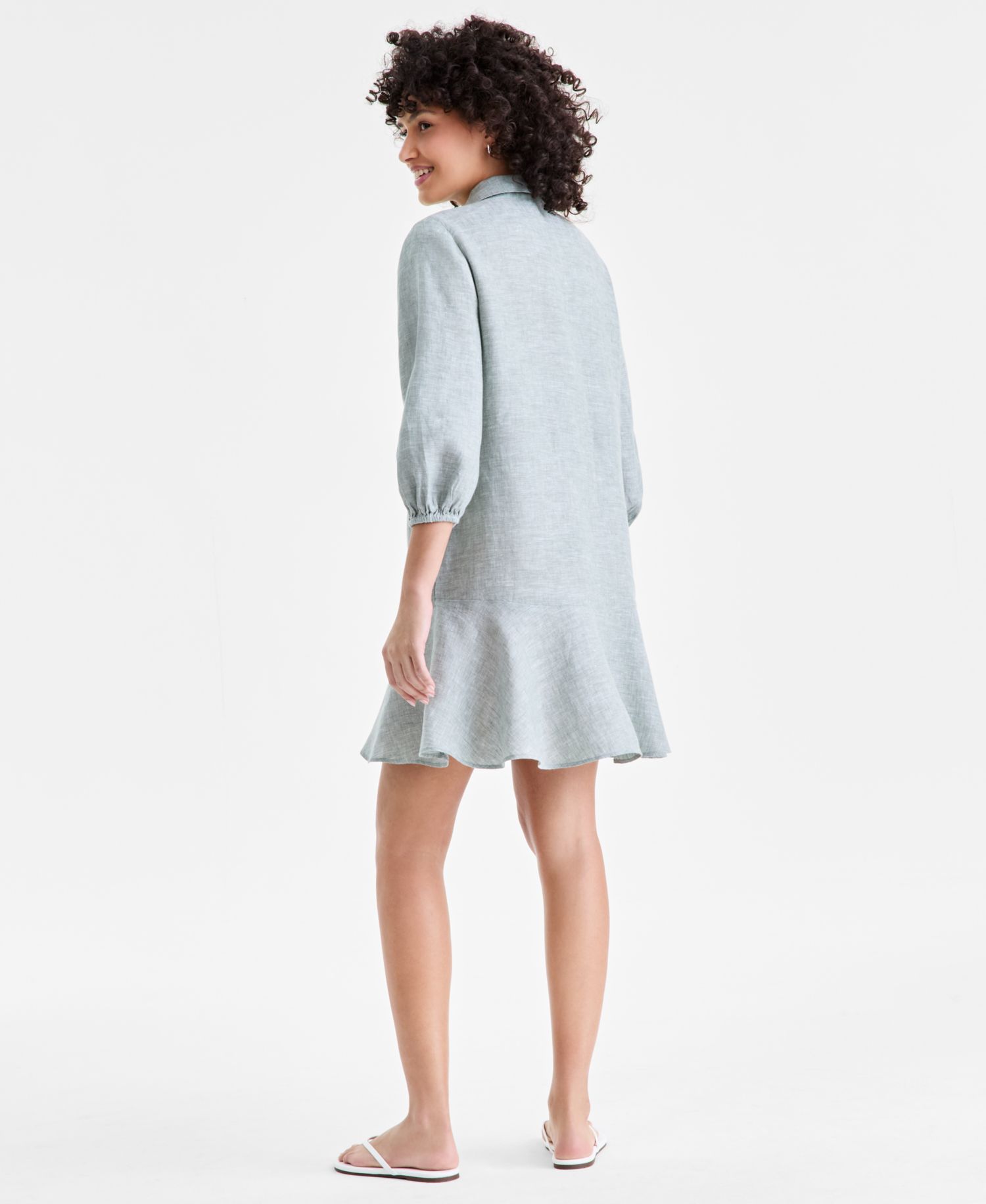 Plus Size 100% Linen Collared Flounce Dress