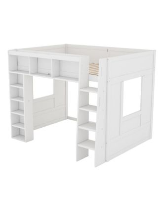 Queen Size Wooden Loft Bed with Storage Cabinets and Shelves