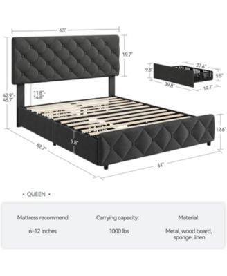 Queen Size Bed Frame with 4 Storage Drawers, Linen Upholstered Platform Bed Frame with Adjustable Headboard