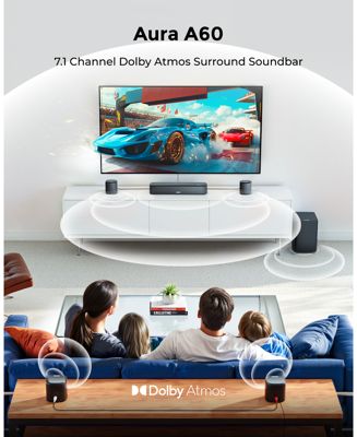 7.1ch Sound Bar with Dolby Atmos, Surround Sound System for TV with 4 Surround Speakers, Soundbar with Subwoofer for Home Theater, Aura A60