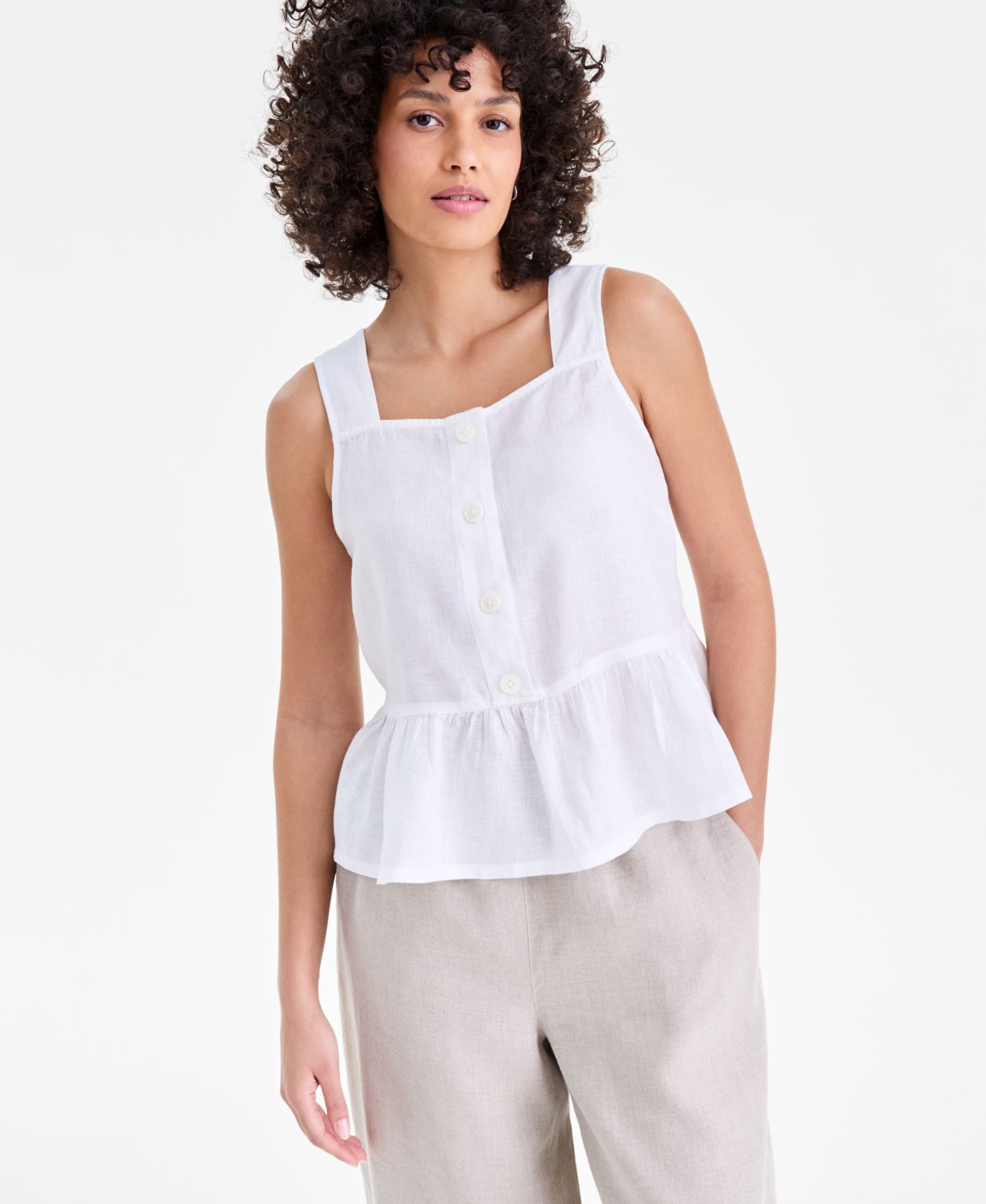 Women's Linen Square-Neck Peplum Top