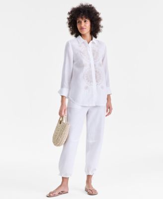 Women's 100% Linen Embroidered Long-Sleeve Shirt