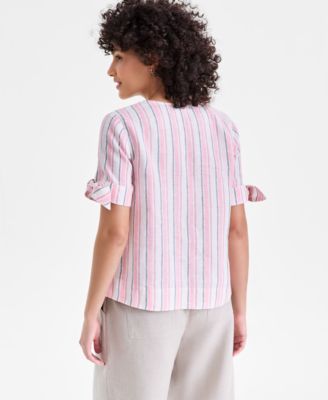 Women's 100% Linen Split-Neck Tie-Cuff Top