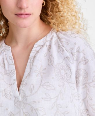 Women's 100% Linen Embroidered Popover Blouse