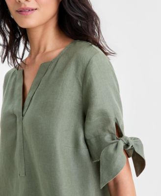 Women's 100% Linen Split-Neck Tie-Cuff Top