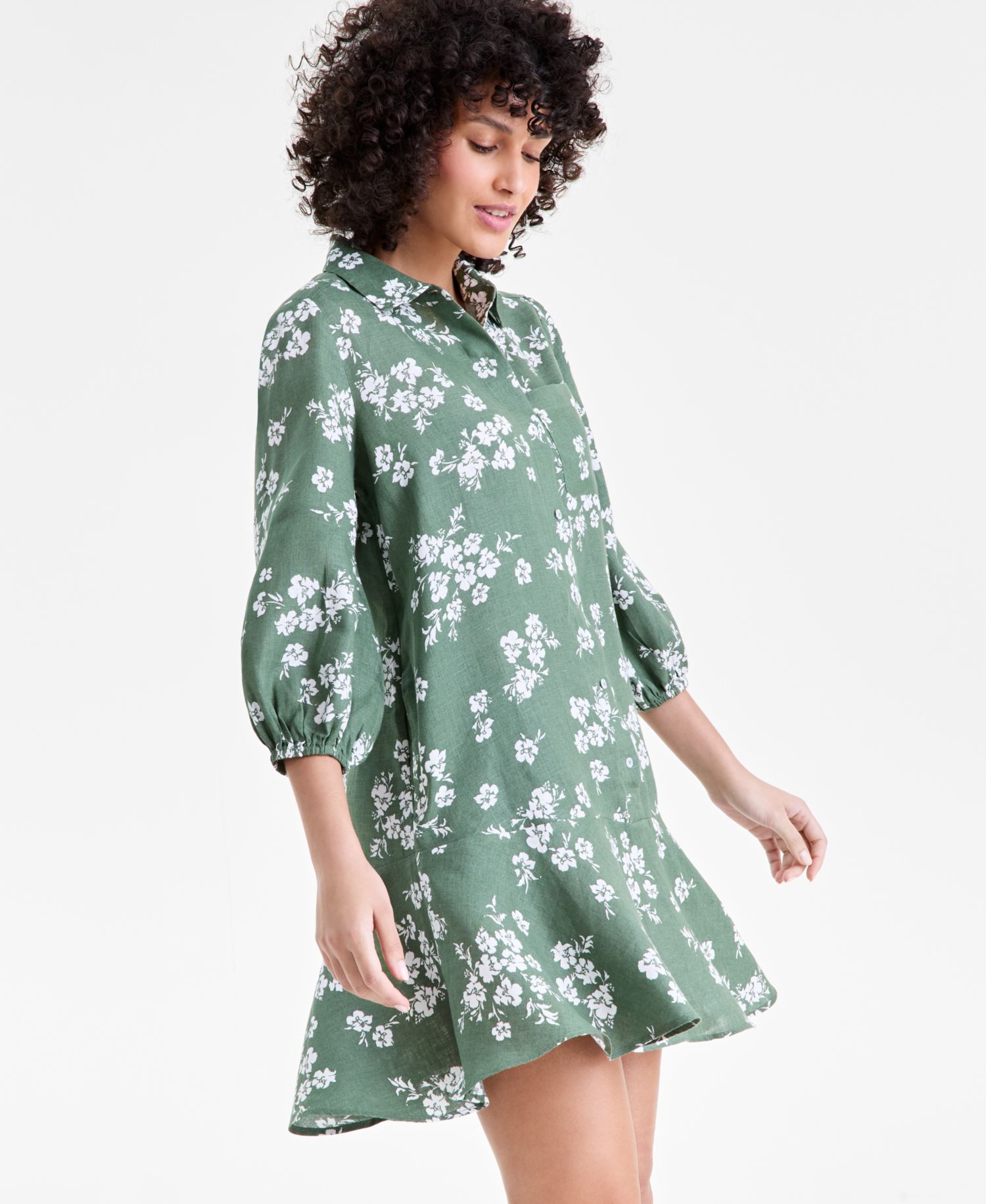 Plus Size 100% Linen Collared Flounce Dress