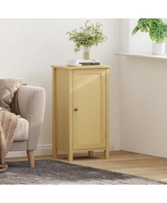 Bamboo Floor Cabinet with Woven Rattan Door, 2-Tier Storage Cabinet for Bedroom, Living Room, Slim Design
