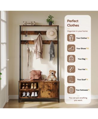 Hall Tree with Bench and Shoe Storage, Industrial Style Coat Rack with 6 Hooks, Wood Look for Entryway, Hallway and Living Room