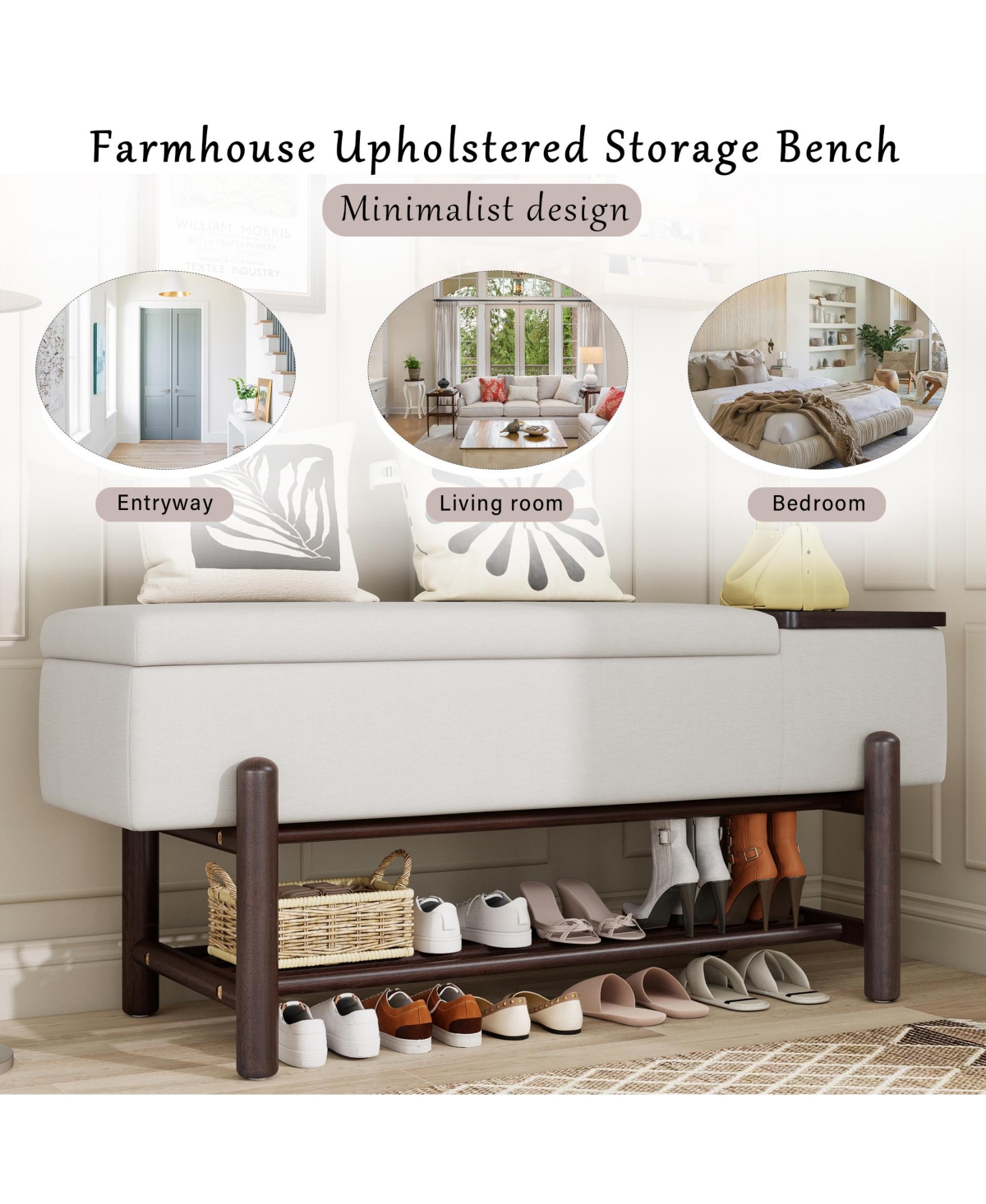 Rainsken Entryway Shoe Bench with Cushion Top, Flip-Top Storage Compartment and Lower Rack for Hallway
