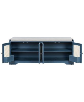 Rustic Storage Bench - Wood Shoe Cabinet Storage Ottoman with Removable Cushion, Woven Rattan Doors, Adjustable Shelves for Hallway