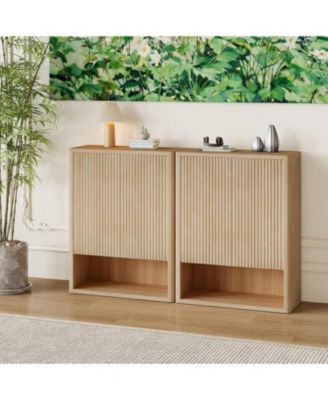 Oak 45" Fluted Shoe Cabinet - Freestanding with 2 Push-Release Doors & Adjustable Shelves