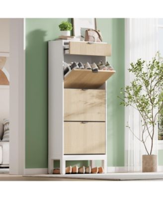 Entryway Freestanding Shoe Cabinet, 3 Flip Fluted Doors + 1 Drawer Shoe Organizer