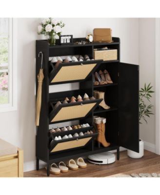 Rattan Narrow Entryway Shoe Cabinet - 3 Flip Drawers with Adjustable Shelves Storage Organizer