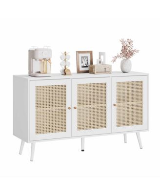 Rattan Storage Cabinet with 3 Doors, Boho Sideboard Buffet Cabinet Wood Farmhouse Credenza Cabinet