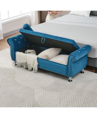 62.2 Inch Soft Velvet Storage Bench with Crystal Buttons and 1 Pillow, for Bedroom and Living Room