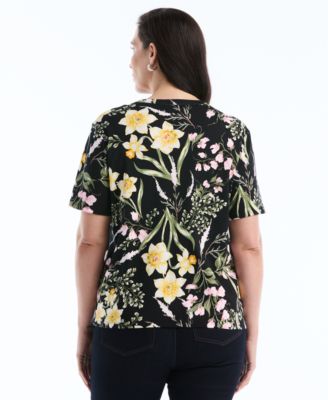 Plus Size Garden Print Button Detail Short-Sleeve Top