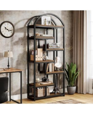 71" Tall Arched Bookshelf, Industrial Etagere Bookcase with Open Display Shelves, Floor Stand Storage Organizer Shelving