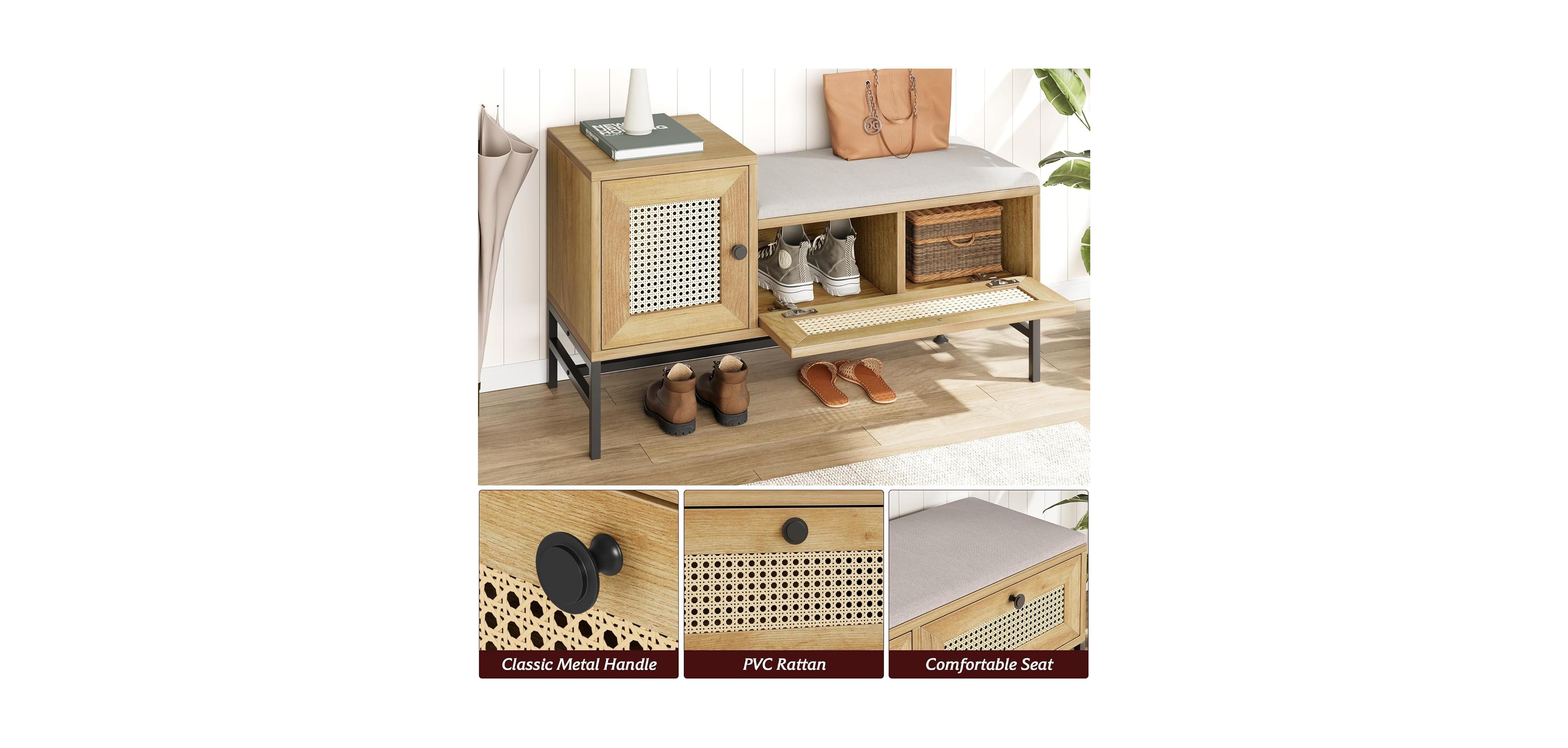 gaomon Oak Rattan Entryway Shoe Bench