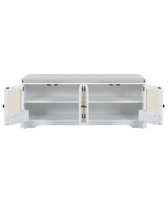 Rustic Storage Bench - Wood Shoe Cabinet Storage Ottoman with Removable Cushion, Woven Rattan Doors, Adjustable Shelves for Hallway