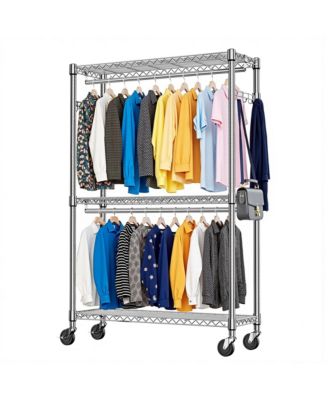 Heavy Duty Rolling Garment Rack - 3 Tiers Adjustable Wire Shelving, Clothes Rack with 2 Rods and Side Hooks for Bedroom and Cloakroom, Chrome