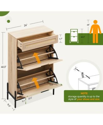 Entryway Freestanding Rattan Shoe Cabinet, 2 Flip Drawers + 1 Drawer Storage