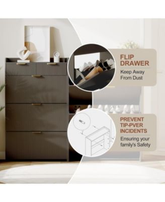 Modern Fluted Entryway Shoe Cabinet - 3 Flip Drawers 2 Small Drawers + Hook Slim Organizer