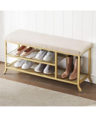 2-Tier Metal Mesh Shoe Rack Bench - Padded Seat Modern Entryway/Bedroom Organizer Easy Assembly