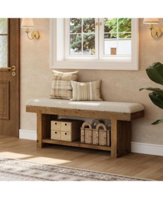 47.2" Solid Wood Bench, 2-Tier Farmhouse Upholstered Entryway Bench with Storage Shelf, Narrow Rustic Bench for Bedroom, Entryway