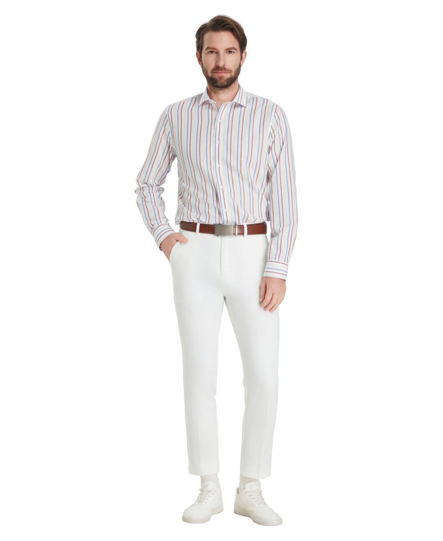 Мужская рубашка Bar III Slim-Fit Linen Oslo Stripe Dress Shirt, цвет: Белый комбинированный — фото 2