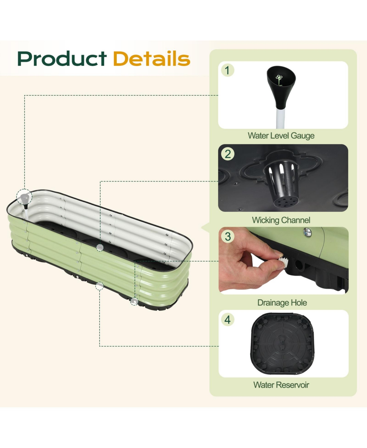 Aoodor Galvanized Raised Garden Bed, Self-Watering Planter Box with Drainage Plug and Water Reservoir