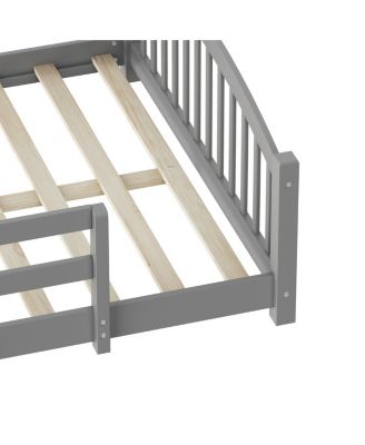 Montessori Floor Bed with Slats & Guardrails, Solid Wood