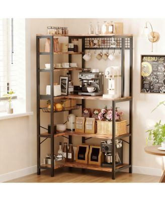 5-Tier Corner Microwave Stand with Storage, Hooks, and Power Outlet