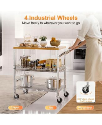 Kitchen Cart with Wood Top, 8 Hooks, Adjustable Shelves, & 4 Lockable Wheels