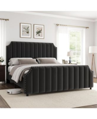 Platform Bed Frame  Headboard, Velvet Upholstered Bed Frame with Vertical Channel Tufted Headboard & Footboard