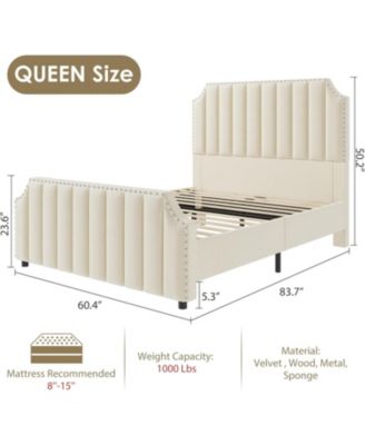 Platform Bed Frame  Headboard, Velvet Upholstered Bed Frame with Vertical Channel Tufted Headboard & Footboard