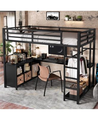 Metal Loft Bed with Wardrobe, L-shaped Desk & Storage, Twin XL
