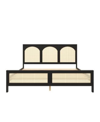 Queen Wood Platform Bed with Rattan Headboard/Footboard