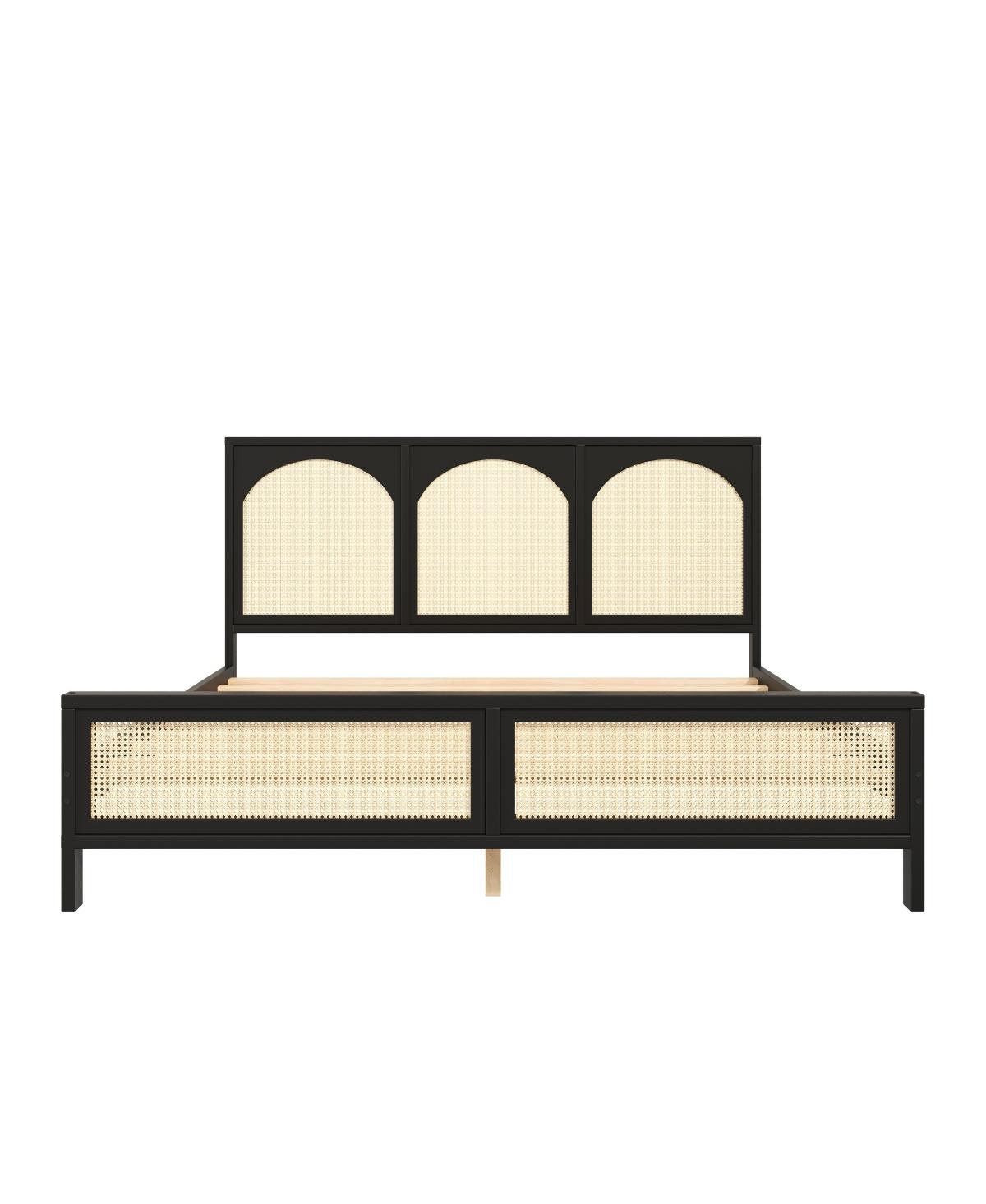 Streamdale Furniture Queen Wood Platform Bed with Rattan Headboard/Footboard