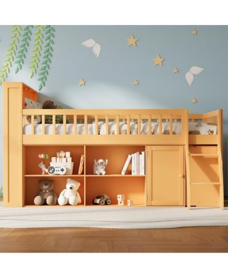 Queen Size Loft Bed with Storage, Headboard with LED Light, Natural