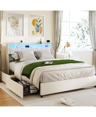  Queen Bed Frame with Ergonomic Headboard, Outlets, LED Light & Storage Shelf