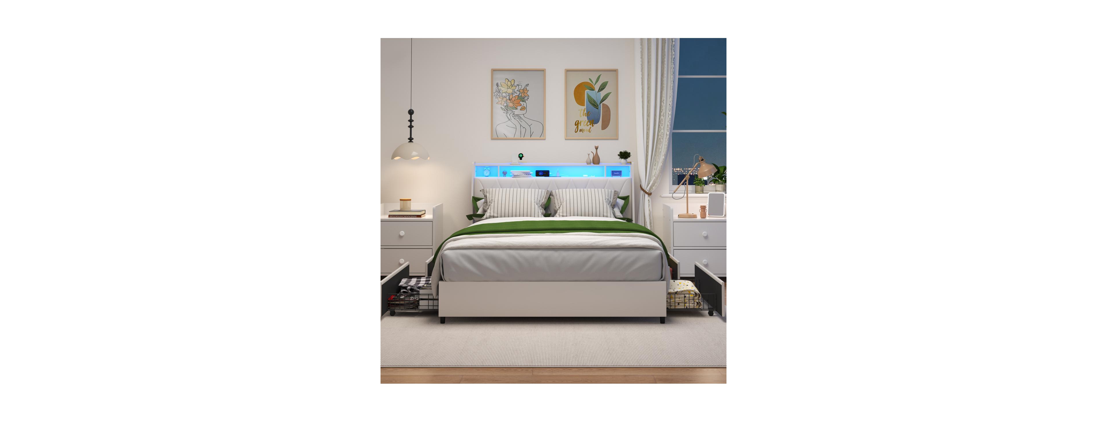 Streamdale Furniture Queen Bed Frame with Ergonomic Headboard, Outlets, Led Light & Storage Shelf