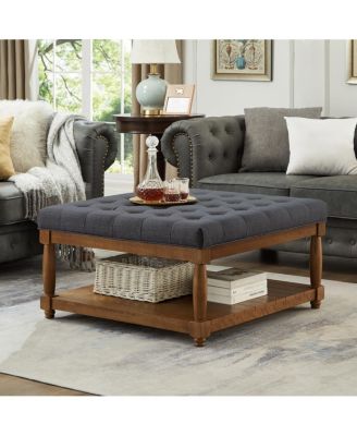 Large Tufted Linen Ottoman Coffee Table with Solid Wood Shelf